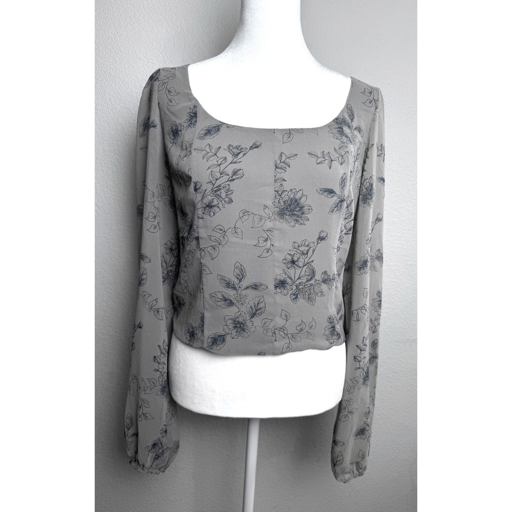 House‎ of Harlow 1960 Floral Square Neck Crop Top Grey Blue Long Sleeve Blouse M